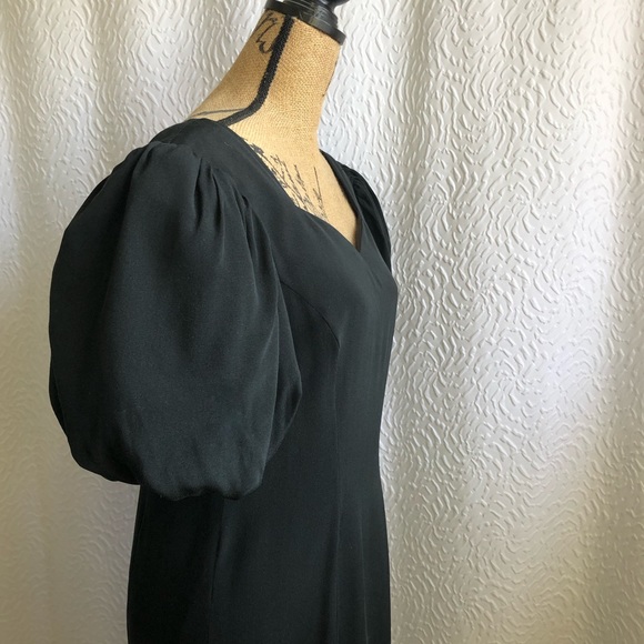 Vintage Black Square Sweatheart Neckline Puff Sleeve 100% Midi Silk Dress - Picture 3 of 16